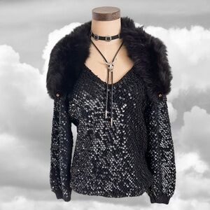 Vintage 90s Black Holographic Sequin Long Sleeve Knit Sweater Top Size Medium M